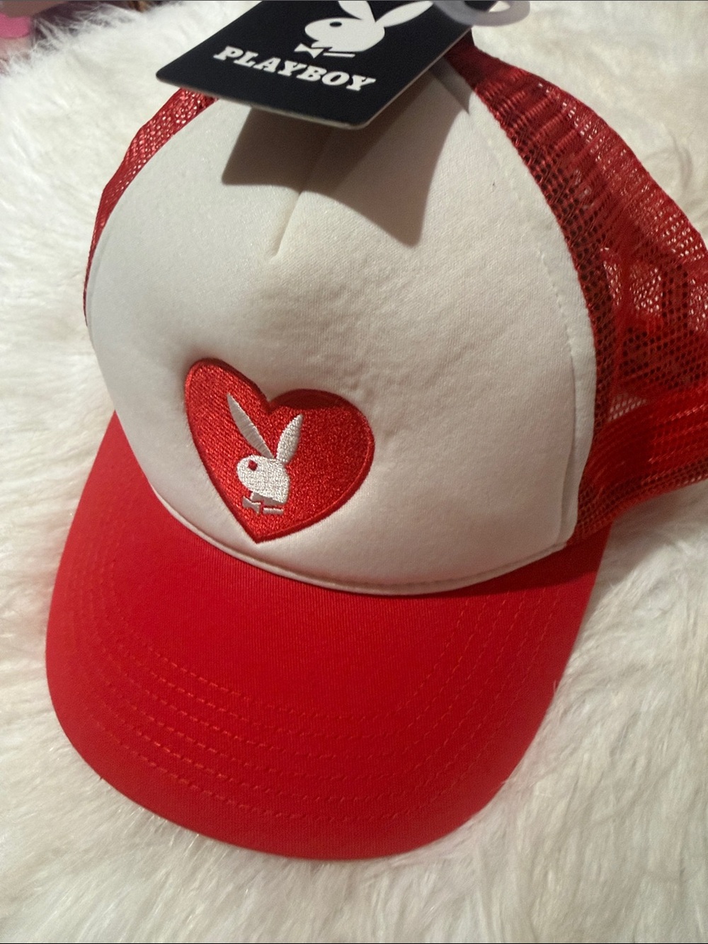 PLAYBOY Red and White Trucker Hat 2024 with Heart Bunny Patch